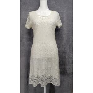Hollister Cream Lace Dress M • Lace‑Up Neckline • Lined & Stretchy